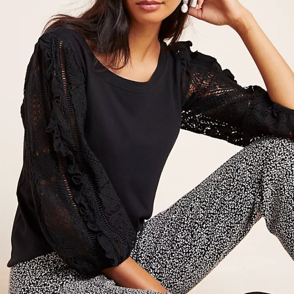 Anthropologie Black Nina Lace Long Sleeve Top Size S